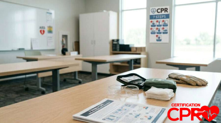 CPR training setup with manikins and instructional materials in Boston.