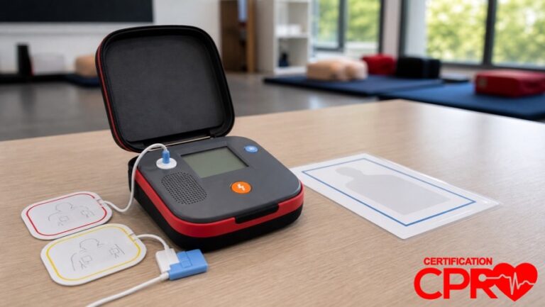 AED trainer and electrode pads for practicing voice prompts in a CPR classroom in Boston.