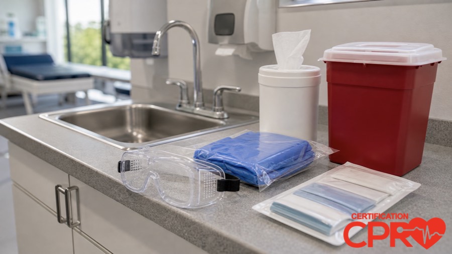 Bloodborne pathogens exposure control supplies for healthcare worker training in Boston.