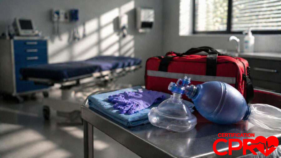 CPR training equipment in a medical classroom setting in Boston.