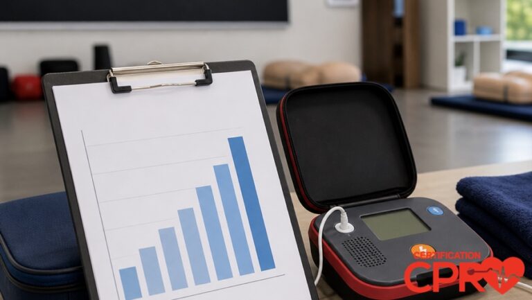CPR statistics chart with AED trainer in a CPR classroom in Boston.
