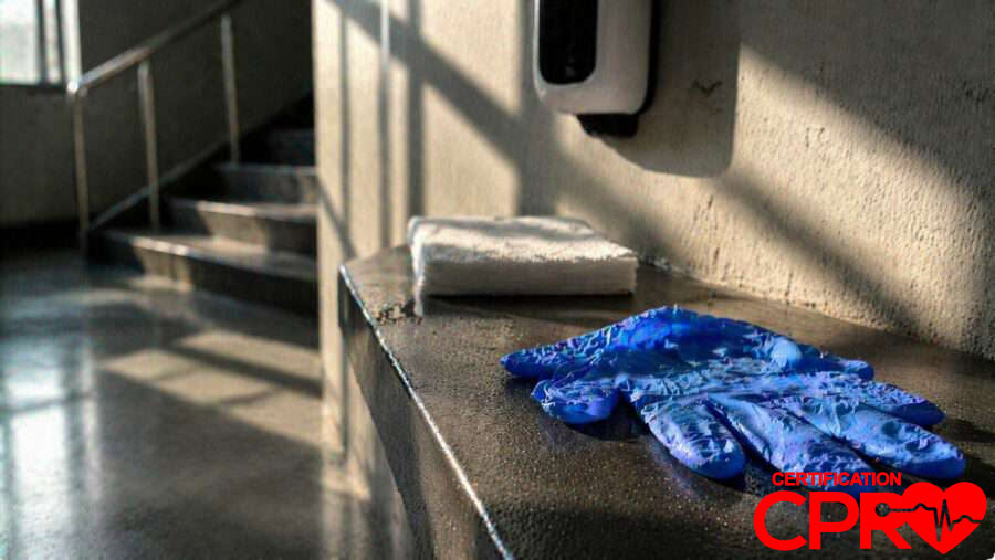 CPR training gloves and mask on a training station in Boston.