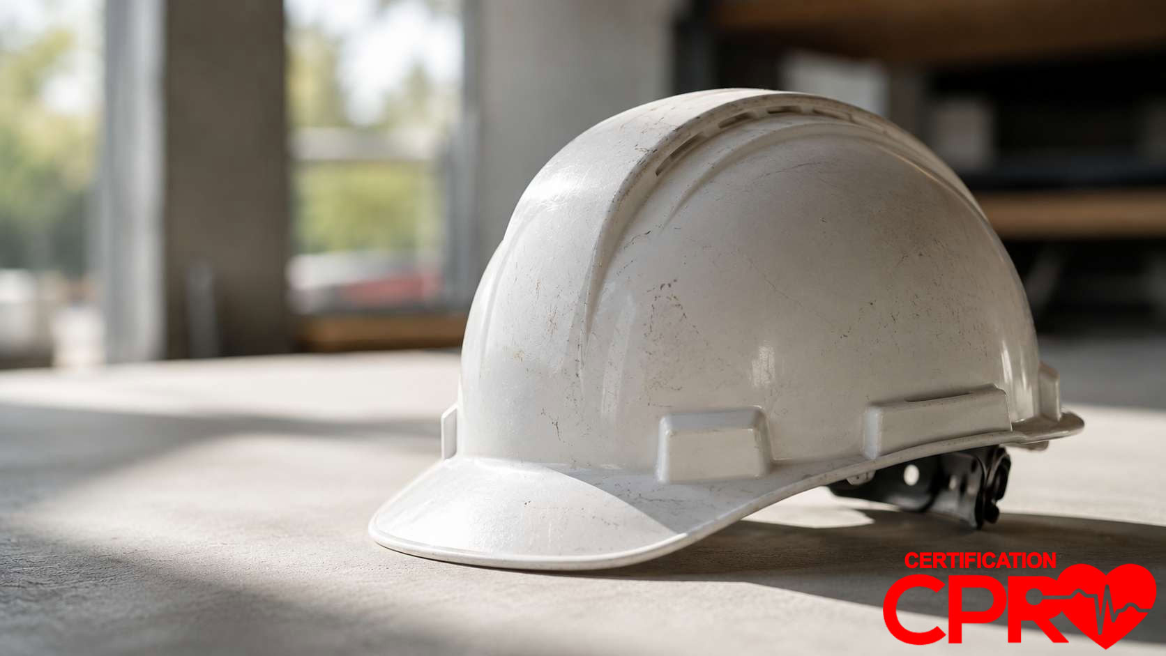 Construction helmet for CPR certification training in Boston.