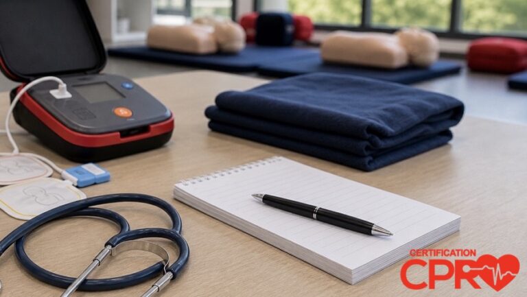 AED trainer, stethoscope, and CPR classroom supplies for an article on heart attack versus cardiac arrest in Boston.