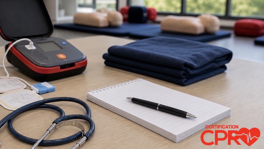 AED trainer, stethoscope, and CPR classroom supplies for an article on heart attack versus cardiac arrest in Boston.