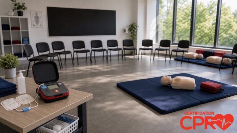 CPR classroom setup for practicing emergency response skills in Boston.
