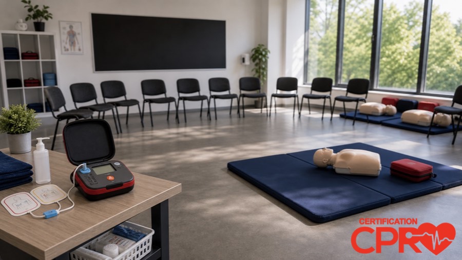 CPR classroom setup for practicing emergency response skills in Boston.