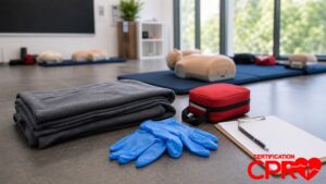 First aid training supplies for practicing seizure response in a CPR classroom in Boston.