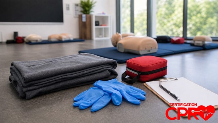 First aid training supplies for practicing seizure response in a CPR classroom in Boston.