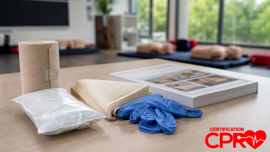 CPR training materials and certification supplies in Boston classroom.