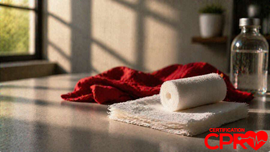 CPR certification training supplies in Boston, including a roll of gauze and first aid essentials.