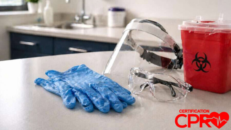 CPR training supplies including gloves, goggles, and biohazard container in Boston.
