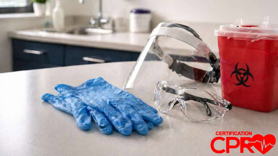 CPR training supplies including gloves, goggles, and biohazard container in Boston.