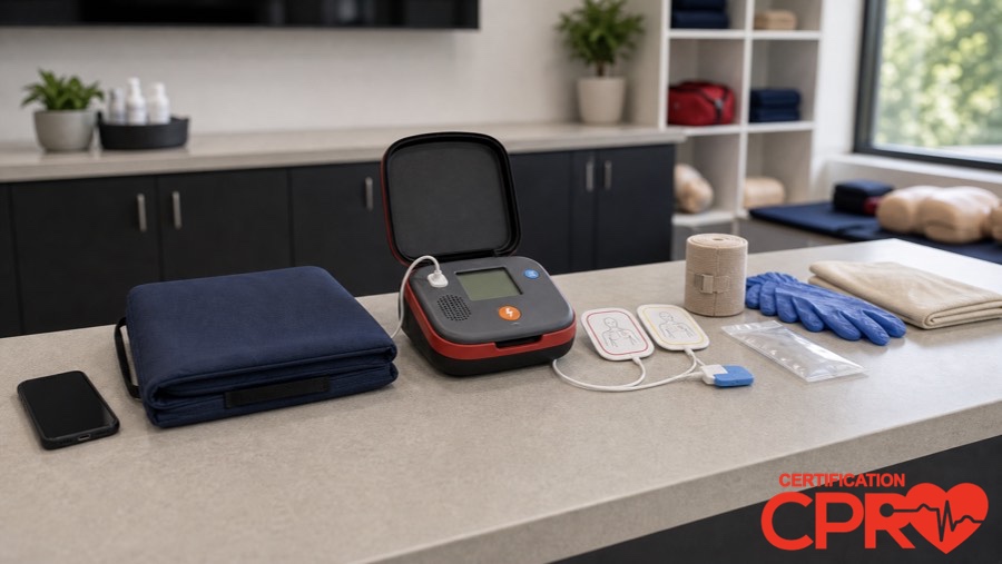 AED trainer and CPR classroom supplies for learning the Chain of Survival in Boston.